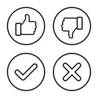 Thumb up, down, check, and cross icon in circle line. Like, dislike, tick, and x mark sign symbol vector