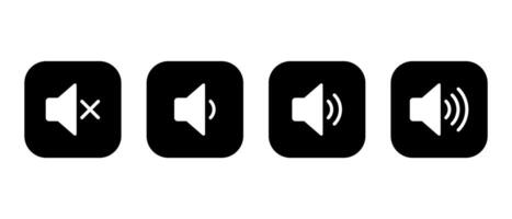 Speaker volume level icon set on black square. Sound button vector