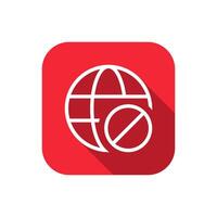 No internet, offline globe icon with long shadow. Web, website sign symbol on red square vector