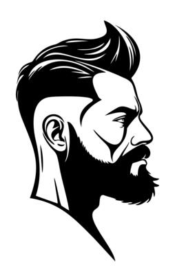 Brutal man with mustache and beard in profile. Black and white minimalist isolated illustration. Barbershop logo