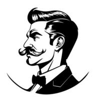Elegant man with mustache in profile. Retro-stylized isolated illustration. Black and white vector