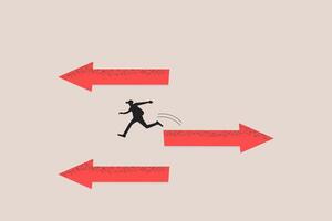 Businessman jump arrow sign to other direction. concept of Change career, different path or direction, find new way and opportunity vector