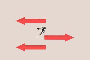 Businessman jump arrow sign to other direction. concept of Change career, different path or direction, find new way and opportunity vector