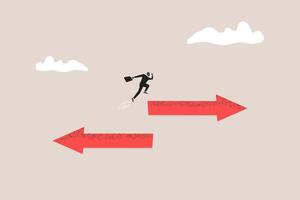 Businessman jump arrow sign to other direction. concept of Change career, different path or direction, find new way and opportunity vector