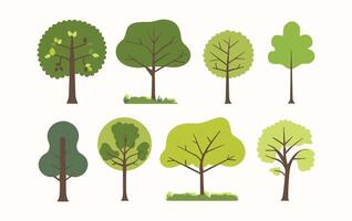 Tree collection hand drawn flat design element. botanical set of bare trees and ones with leaves and lush limited pastel color vector