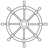 Steering wheel linear illustration. Drawing of Helm from pirate ship painted by black inks on isolated background. Sketch of wooden element for sailing in nautical design. Outline icon vector