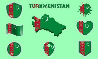Collection of flat national flags of Turkmenistan with map vector