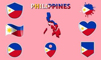 Collection of flat national flags of Philippines with map vector
