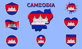 Collection of flat national flags of Cambodia with map vector