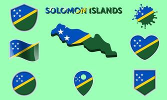 Collection of flat national flags of Solomon islands with map vector