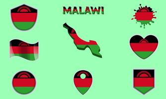 Collection of flat national flags of Malawi with map vector