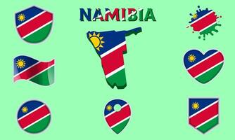 Collection of flat national flags of Namibia with map vector