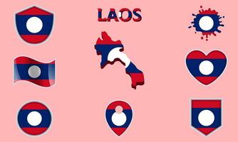 Collection of flat national flags of Laos with map vector