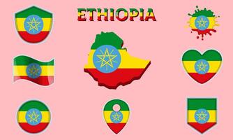 Collection of flat national flags of Ethiopia with map vector