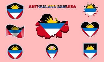 Collection of flat national flags of Antigua and Barbuda with map vector