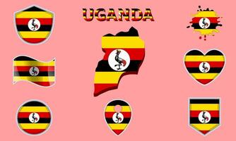 Collection of flat national flags of Uganda with map vector