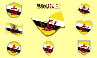 Collection of flat national flags of Brunei with map. vector