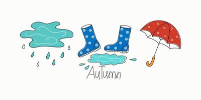 Rain, puddle, rubber boots and umbrella. Autumn set, drawings, doodles. Line icons. Isolated background. vector