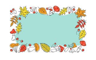 Frame, border. Autumn leaves, mushrooms and berries. Fly agaric, rowan branch, maple leaf, doodles, drawings, sketch. Black and white illustration on color spots. White background isolated. vector