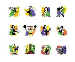 A set of icons on the theme of art forms. Music, choreography, singing, literature, theater, circus. Hobbies of creative people. Icons for the site, banner and print. Emblems, symbols. vector