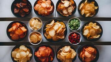 Collection of various flavored potato chips in bowls, isolated on a white background, top view photo