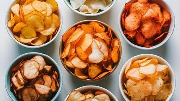 Collection of various flavored potato chips in bowls, isolated on a white background, top view photo