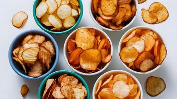 Collection of various flavored potato chips in bowls, isolated on a white background, top view photo