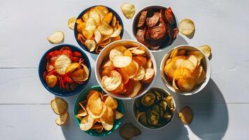 Collection of various flavored potato chips in bowls, isolated on a white background, top view photo