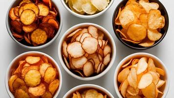 Collection of various flavored potato chips in bowls, isolated on a white background, top view photo