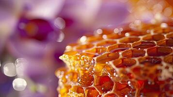 Close up, golden honey, honeycomb, blurred backdrop of honeycomb. Glare, delicacy, natural product, texture, bees, pollination, pollen, yellow, agriculture. Generative by AI. photo