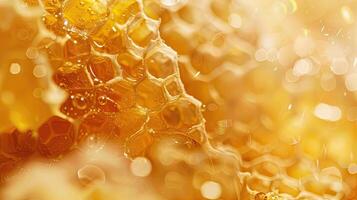 Close up, golden honey, honeycomb, blurred backdrop of honeycomb. Glare, delicacy, natural product, texture, bees, pollination, pollen, yellow, agriculture. Generative by AI. photo