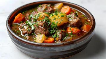 SlowCooked Beef Stew A Nourishing Comfort Dish on a White Background photo
