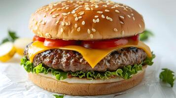 Satisfying Closeup Photography of a Delectable Cheeseburger Isolated on White Background photo