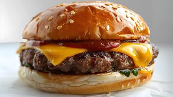 Savory CloseUp A Delectable Cheeseburger Photographed in a Macro Studio Session photo