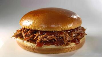 Savor the Flavor Tempting Closeup of a Juicy Pulled Pork Sandwich photo