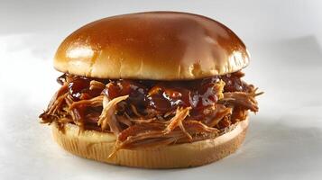 Savor the Flavor Tempting Pulled Pork Sandwich in CloseUp Photography photo