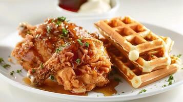 Southern Comfort A Mouthwatering Isolated Display of Chicken and Waffles on White Background photo