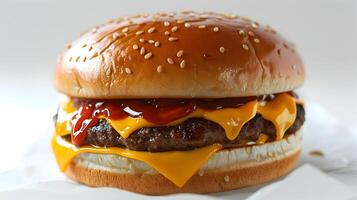 Satisfy Your Cravings A Delectable CloseUp Photography of an Isolated Cheeseburger photo