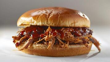 Professional D Photography of a Tempting and Succulent Pulled Pork Sandwich photo