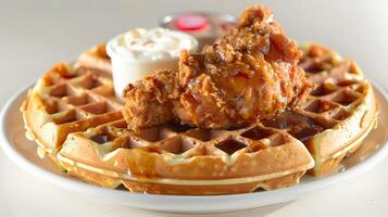 Southern Comfort A Vibrant Still Life of Succulent Chicken and Waffles on White photo