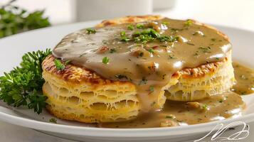 Savory Delight A Freshly Cooked Plate of Biscuits Smothered in Rich Gravy photo
