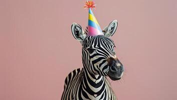 Zebra Wearing Pink Striped Party Hat Against Pink Background photo