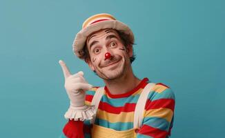 Happy Clown Wearing Striped Shirt and Hat Pointing With Finger Against Blue Background photo