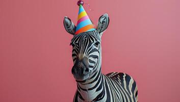 Zebra Wearing A Pink Party Hat In Front Of A Pink Background photo