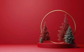Red Platform With Snowy Pine Trees and Golden Circle photo