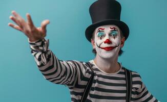 Smiling Mime In Top Hat With Outstretched Hand Against Blue Background photo