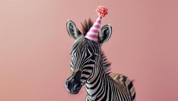 Zebra Wearing Pink Striped Party Hat Against Pink Background photo