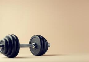 Single Black Dumbbell On A Beige Background photo