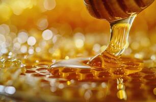 Golden Honey Dripping Into Honeycomb Close-Up photo