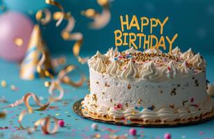 White Birthday Cake With Blue Icing and Gold Confetti photo